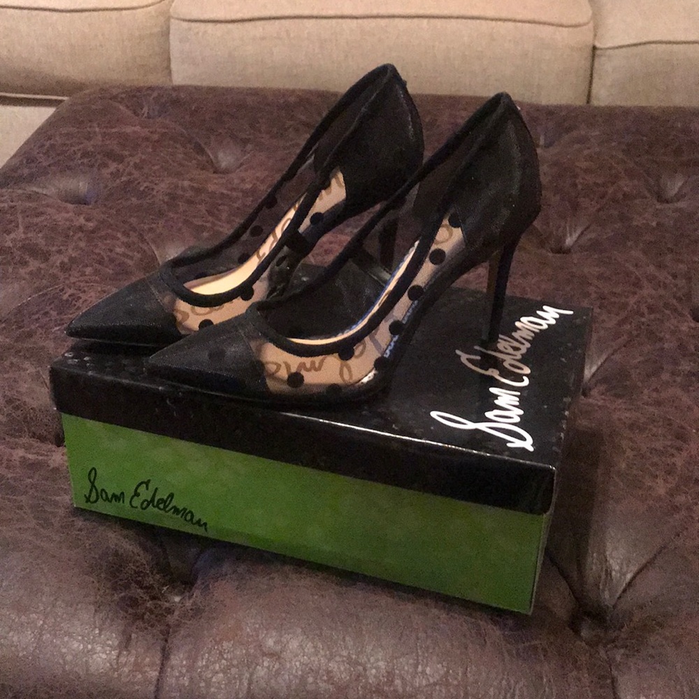 Woman’s Sam Edelman black mesh dotted heels